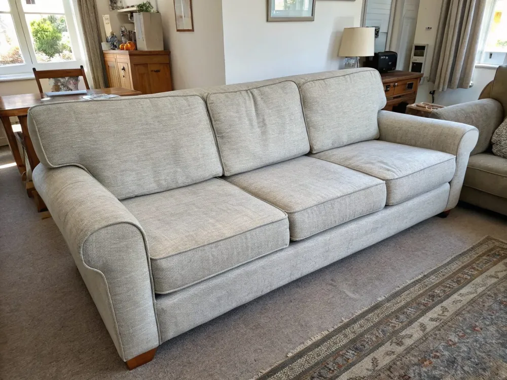 Grey fabric sofa, 3-seater — decluttering [DEMO]